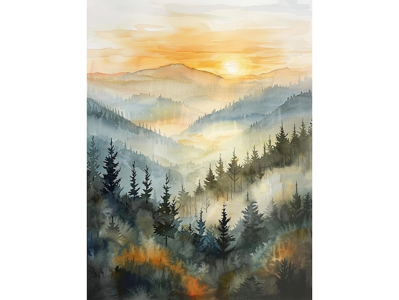 Smoky Mountains Watercolor Art Print Foggy Forest Mountains Painting Pine Forest Wall Art Travel Gifts by FeelingPrints