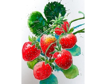 Strawberries Watercolor Print On Paper Strawberry Wall Art Kitchen Decor Red Berry Illustration Farmhouse Pantry Artwork Gift