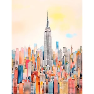 ニューヨーク市の水彩画アートプリント ニューヨーク市のスカイラインの絵画 都市の風景 ウォールアート 旅行アートプリント by FeelingPrints