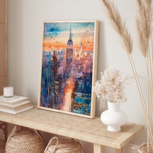 New York Sunset Skyline Watercolor Painting NYC Art Print Cityscape ...