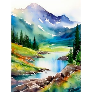 Glacier National Park Watercolor Art Print Canada Landscape Artwork Pine Trees Painting Mountains Wall Art Poster