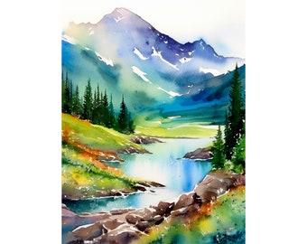 Glacier National Park Watercolor Art Print Canada Landscape Artwork Pine Trees Painting Mountains Wall Art Poster