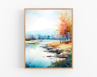 バーモントの秋の水彩画：秋の風景画アートプリント - Etsy 日本