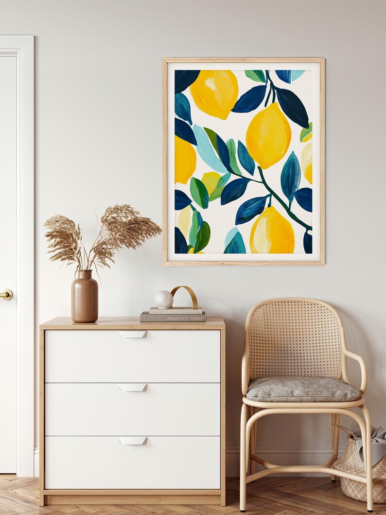 Lemon Branch Wall Art Modern Kitchen Decor Citrus Fruit Print Abstract ...