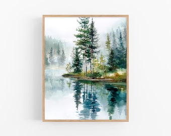 Misty Forest Lake Watercolor Print Evergreen Trees Reflection Wall Art Nature Cabin Decor Tranquil Woodland Art by FeelingPrints