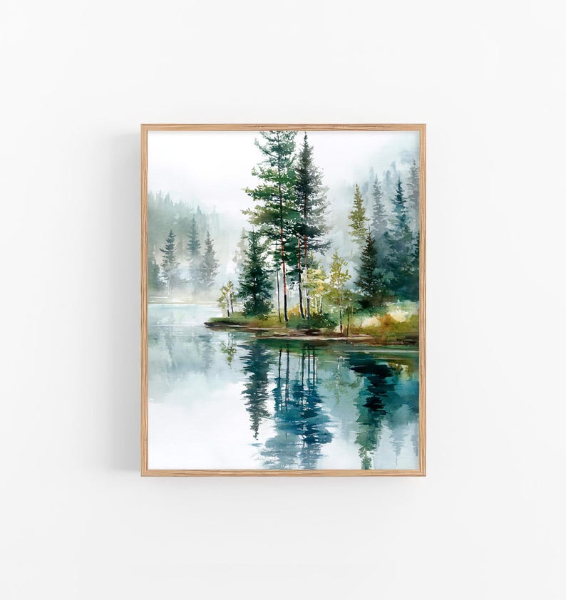 Misty Forest Lake Watercolor Print Evergreen Trees Reflection Wall Art ...