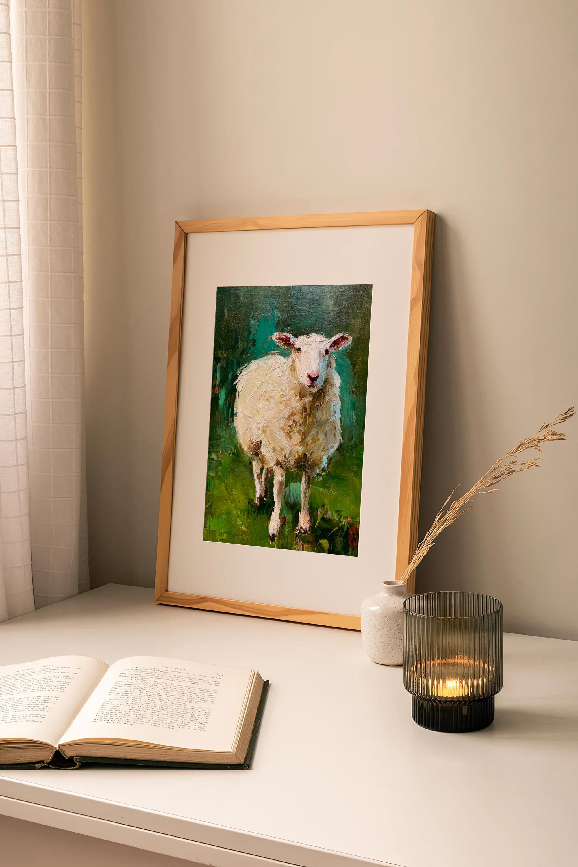 Sheep Oil Painting Animal Wall Art Farmhouse Decor Rustic Artwork Green ...