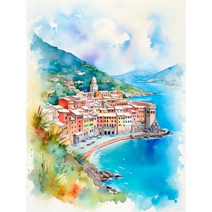 ヴェルナッツァの絵画 チンクエテッレ アートプリント イタリア 水彩画プリント 都市景観アートワーク by FeelingPrints