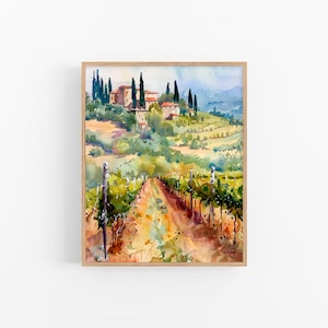 Tuscany Vineyard Watercolor Art Print: Italian Landscape Painting
