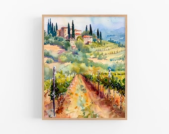 Tuscany Vineyard Watercolor Art Print: Italian Landscape Painting