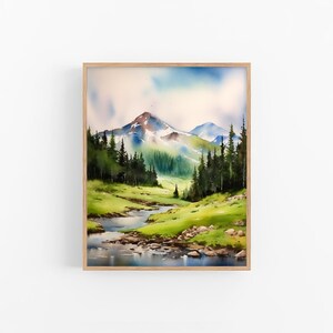 May include: Watercolour painting of a mountain landscape with a river flowing through a valley. The mountains are green and blue, with snow on the peaks. The river is blue and meandering. The sky is blue and cloudy.
