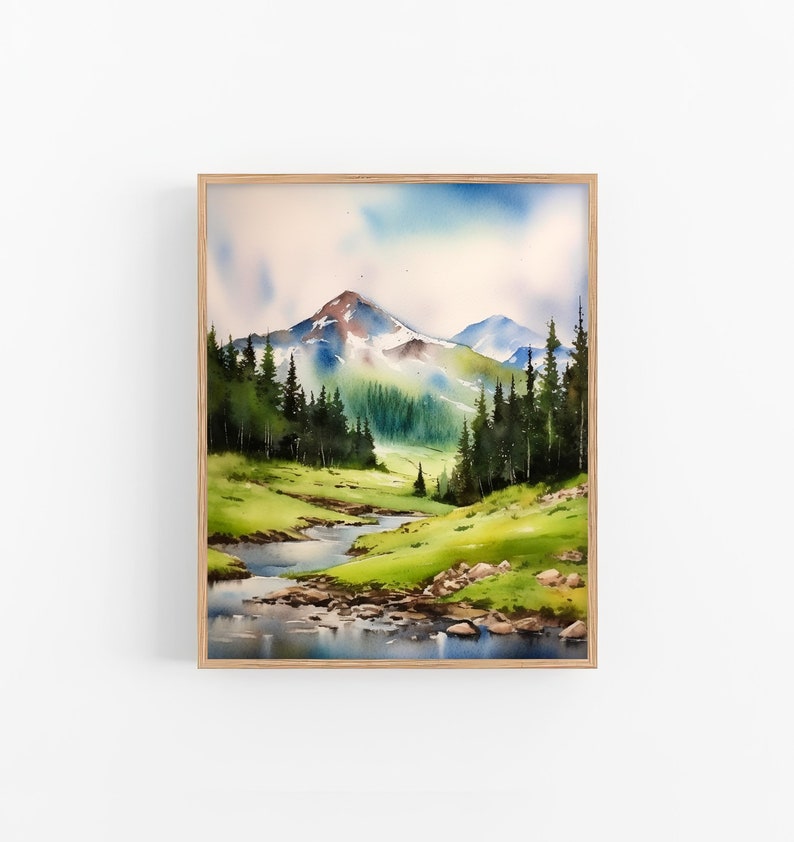 May include: Watercolour painting of a mountain landscape with a river flowing through a valley. The mountains are green and blue, with snow on the peaks. The river is blue and meandering. The sky is blue and cloudy.