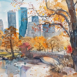 Autumn Central Park Art Print New York Cityscape Watercolor Painting Park City Wall Art Travel Gifts by FeelingPrints