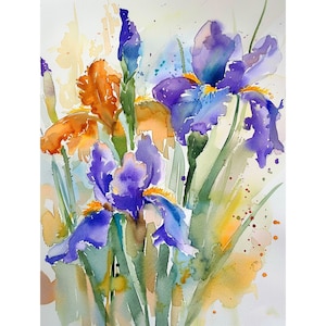 May include: Watercolor painting of a bouquet of purple and orange irises with green stems and leaves on a white background.