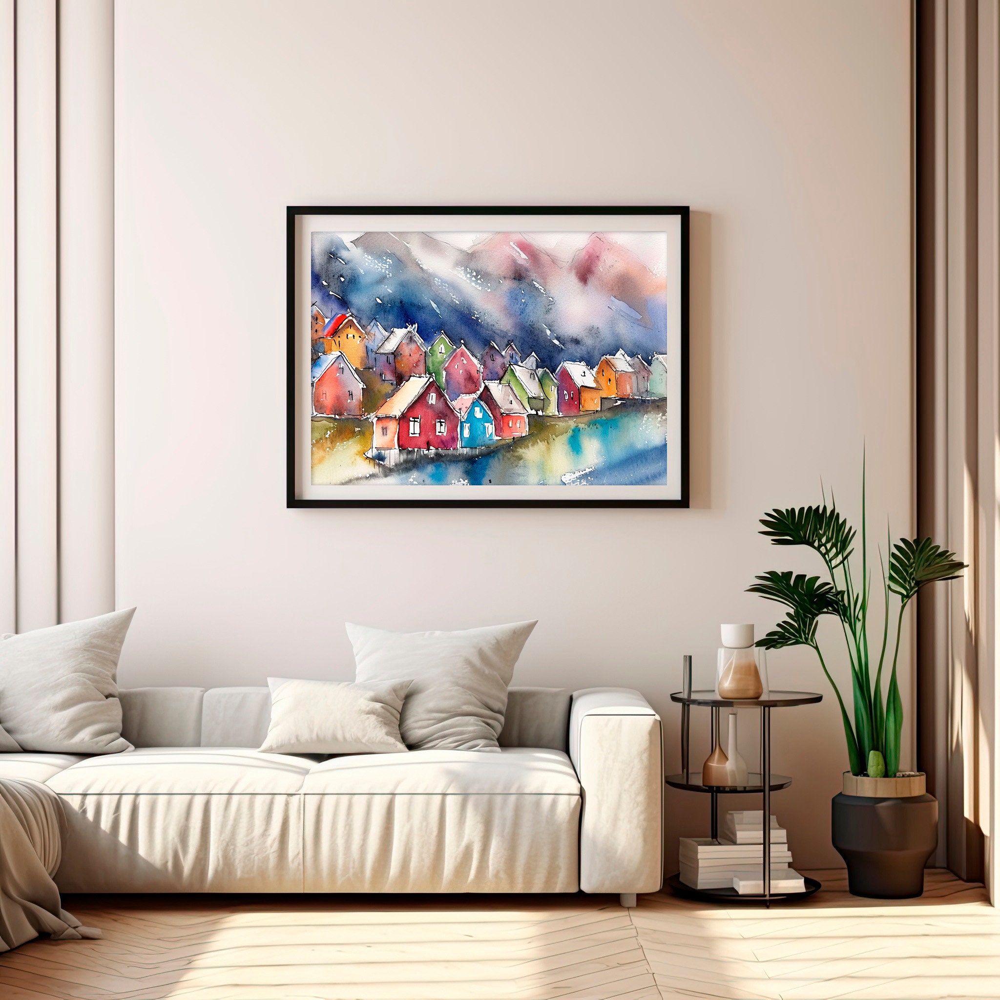 Nordic Village Watercolor Art Print Scandinavian Houses Painting Norway ...