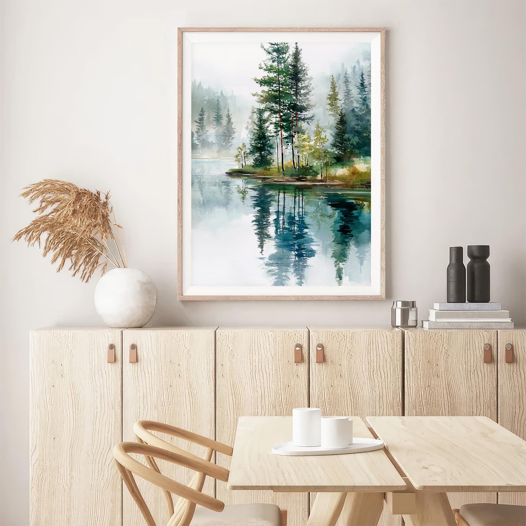 Misty Forest Lake Watercolor Print Evergreen Trees Reflection Wall Art ...