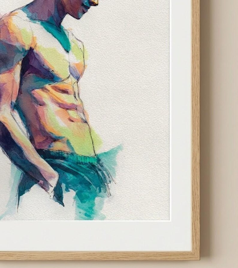 Pu&ograve; includere: Dipinto ad acquerello del busto e di parte delle gambe di una persona. L'opera presenta una vibrante tavolozza di colori blu, verdi, gialli e viola. Il dipinto &egrave; incorniciato in una cornice di legno chiaro con un passe-partout bianco.