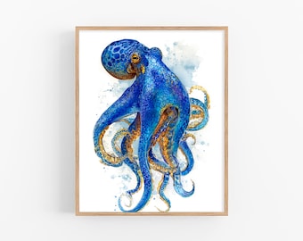 Octopus Watercolor Painting: Nautical Wall Art, Coastal Sea Life Decor, Ocean Animal Illustration Print by FeelingPrints