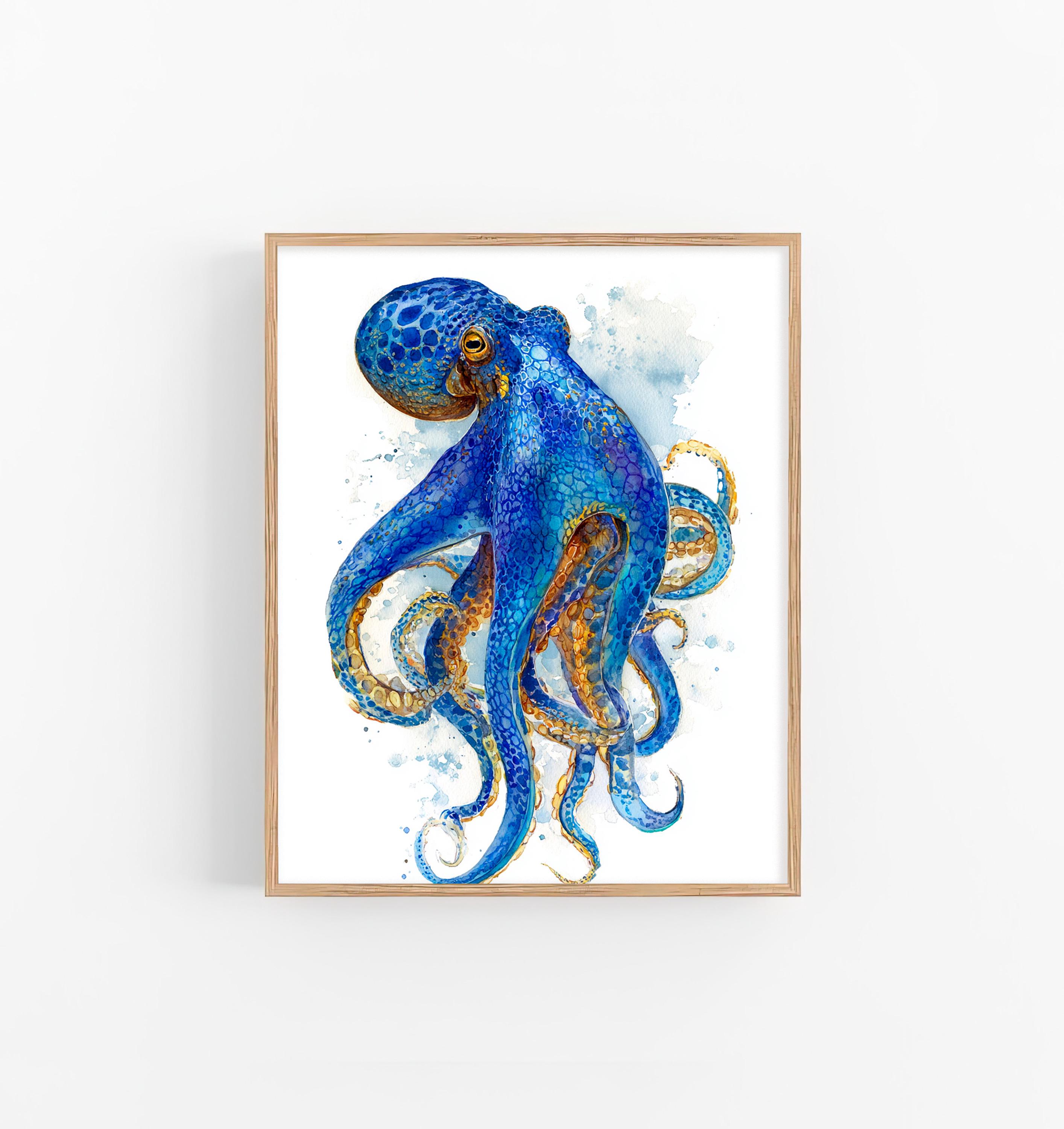 タコの水彩画：海のウォールアート、沿岸の海の生き物の装飾