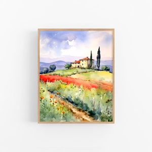 May include: Watercolor painting of a yellow house with a red roof on a hill overlooking a field of red and orange flowers. Two tall green trees stand behind the house.