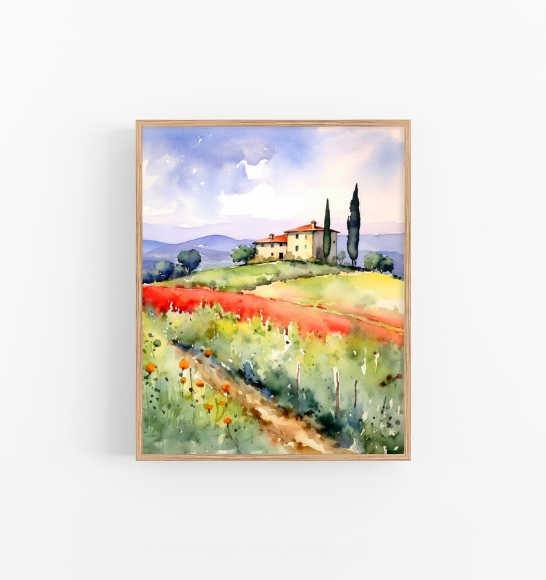 May include: Watercolor painting of a yellow house with a red roof on a hill overlooking a field of red and orange flowers. Two tall green trees stand behind the house.