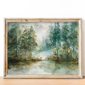 Forest Lake Painting Monochrome Misty Landscape Art Print Foggy Pine Forest Watercolor Artwork Gifts by FeelingPrints
