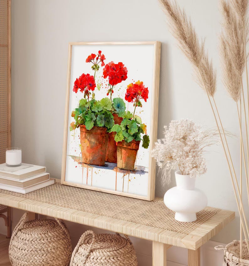 Geranium Watercolor Print Red Flowers in Pots Wall Art Botanical Garden ...