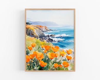 Può includere: Dipinto ad acquerello di una scena costiera con papaveri arancioni in primo piano, una scogliera rocciosa e un mare blu con onde che si infrangono sulla costa.
