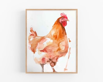 Puede incluir: Pintura acuarela de una gallina marrón con cresta y barbillas rojas. La gallina está de pie sobre un fondo blanco.