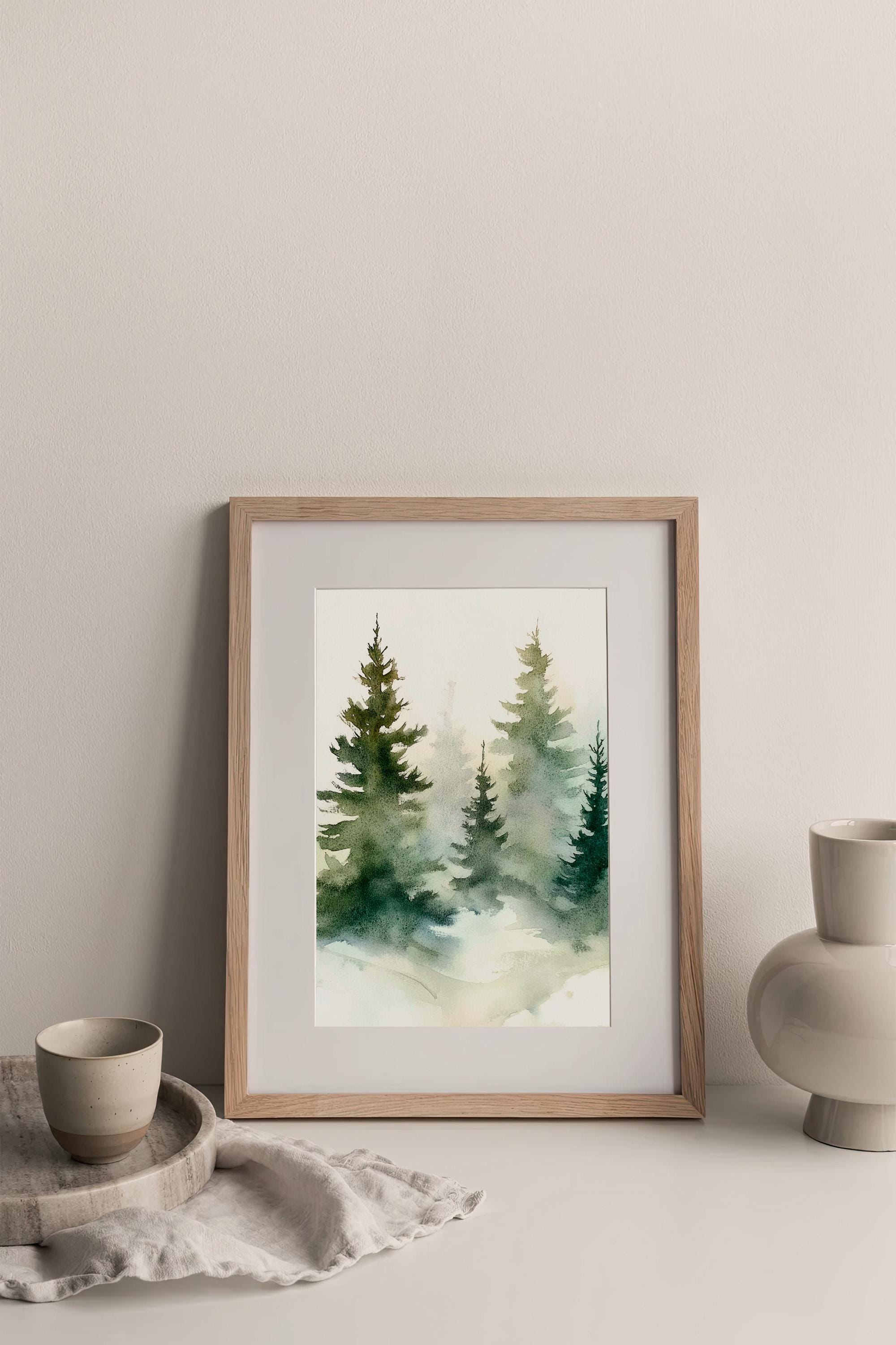 Foggy Pine Trees Watercolor Art Print Misty Pine Forest Watercolor ...