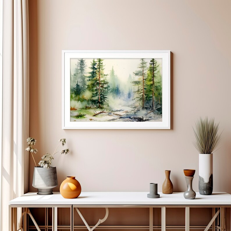Rocky Mountains Watercolor Painting Pine Foggy Forest Watercolor Art ...