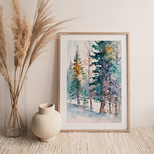 Winter Pine Forest Watercolor Painting Pine Trees Art Print Snow Forest ...