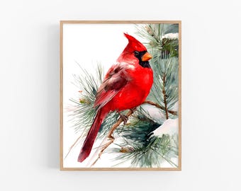 Rode kardinaal aquarel schilderij kunst print op papier winter vogel muur kunst kerst kardinaal decor natuur vakantie cadeau door FeelingPrints