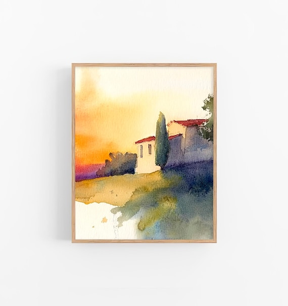 トスカーナの田園風景を描いた水彩画、イタリアの風景を描いた水彩画