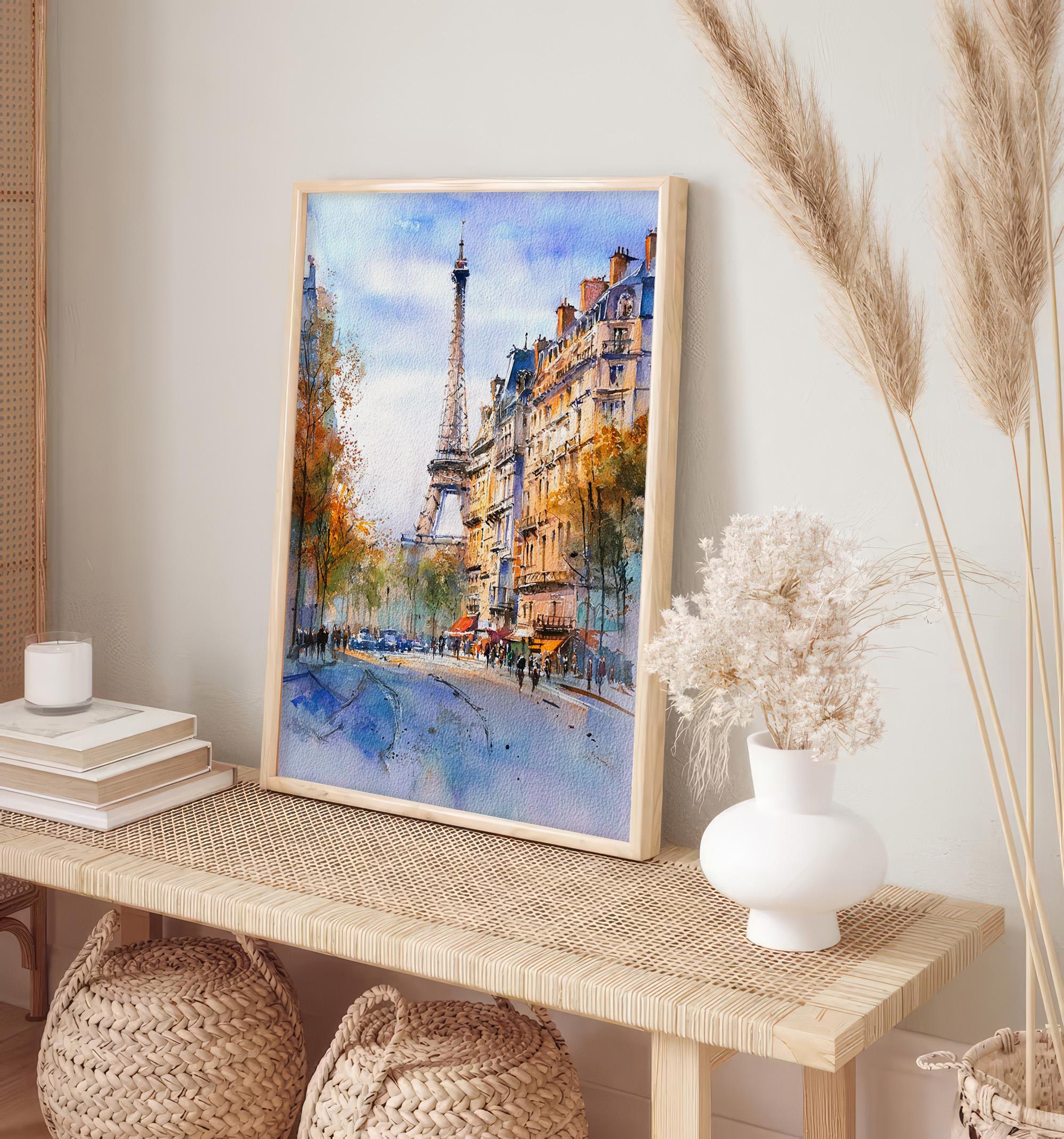 パリの水彩画プリント エッフェル塔の絵画 フランスの街並み ウォール