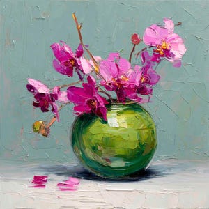 May include: An oil painting of a still life featuring vibrant pink orchids in a round, green glass vase. The background is a textured teal color, and the table is white. The painting has a thick impasto style.