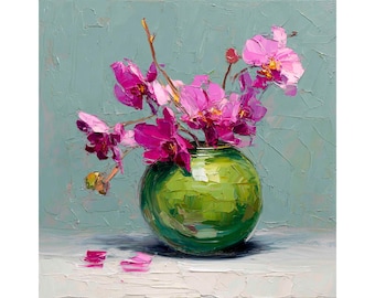 Orchidee-olieverfschilderij roze bloem kunstwerk in groene vaas Impasto bloemen muur kunst originele getextureerde kunst print botanisch decor door FeelingPrints
