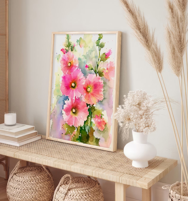Hollyhock Flowers Watercolor Art Print Blossoms Painting Botanical Wall ...