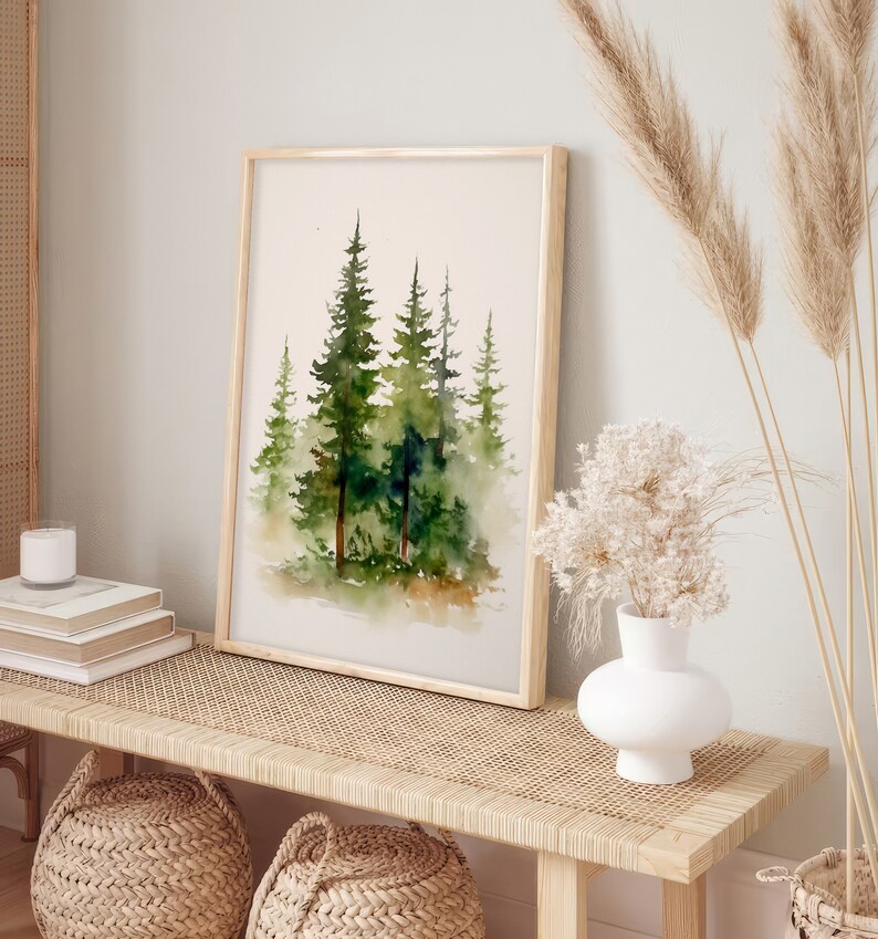 Pacific Northwest Forest Watercolor Painting Pine Trees Art Print Misty ...