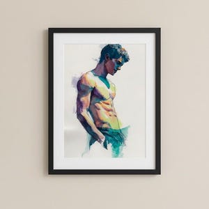 Pu&ograve; includere: Dipinto ad acquerello incorniciato di un uomo senza camicia. L'opera d'arte utilizza tonalit&agrave; di blu, viola e giallo per evidenziare la muscolatura. La figura &egrave; raffigurata con una mano in tasca, che guarda in basso.