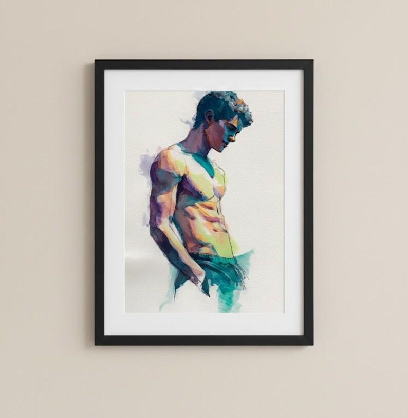 Pu&ograve; includere: Dipinto ad acquerello incorniciato di un uomo senza camicia. L'opera d'arte utilizza tonalit&agrave; di blu, viola e giallo per evidenziare la muscolatura. La figura &egrave; raffigurata con una mano in tasca, che guarda in basso.