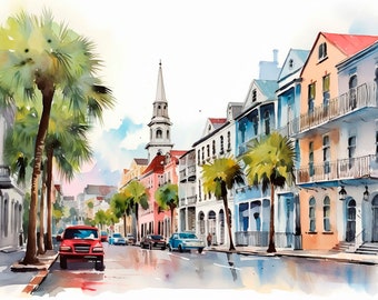 Charleston acuarela impresión paisaje urbano arte pintura paisaje urbano arte de la pared por FeelingPrints