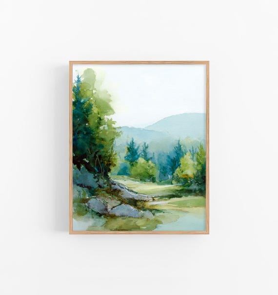 アイルランドの森の水彩画プリント：緑の山の風景画、壁掛けアート