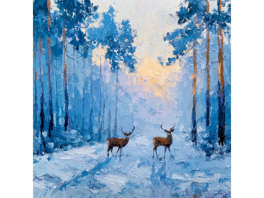 Deer Oil Painting Winter Forest Wall Art Print Snow Landscape Original ...