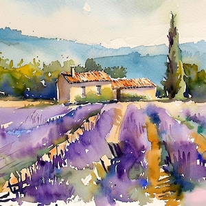 K&ouml;nnte beinhalten: Aquarellgem&auml;lde eines kleinen Hauses mit einem roten Ziegeldach in einem Feld mit violetten Lavendelblumen. Ein hoher, schlanker Baum steht rechts vom Haus. Der Hintergrund ist eine neblige blaue Landschaft.