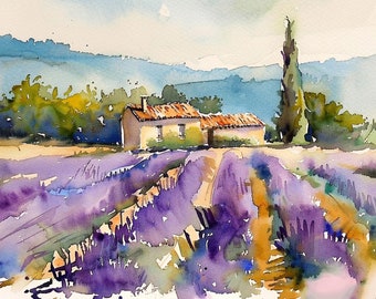 Provence Countryside Painting Lavender Fields Art Print France Rustic Watercolor Wall Art by FeelingPrints