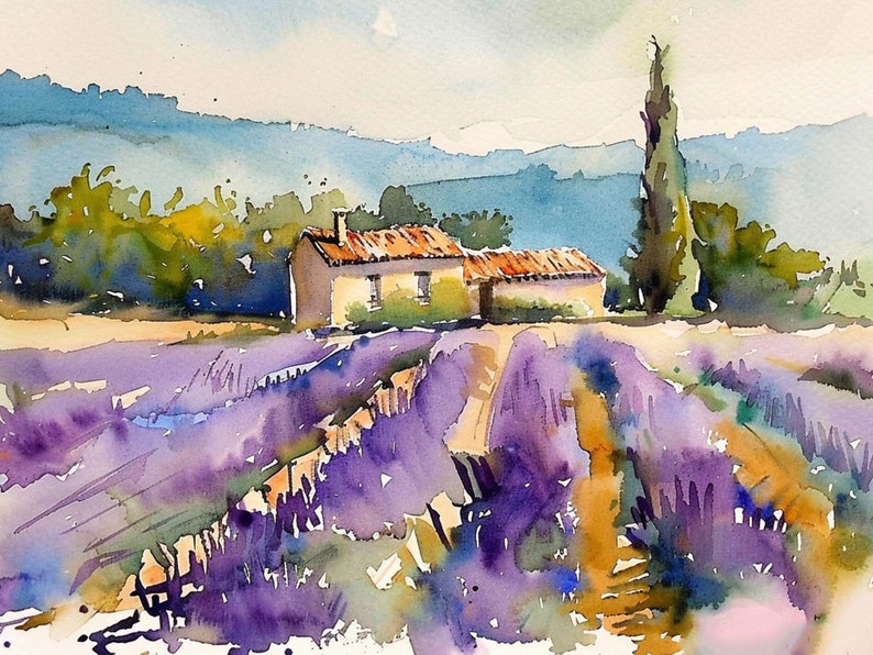 K&ouml;nnte beinhalten: Aquarellgem&auml;lde eines kleinen Hauses mit einem roten Ziegeldach in einem Feld mit violetten Lavendelblumen. Ein hoher, schlanker Baum steht rechts vom Haus. Der Hintergrund ist eine neblige blaue Landschaft.