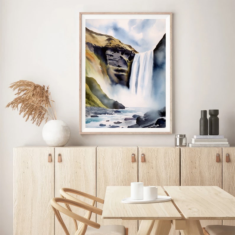 Skogafoss Fall Watercolor Art Print Iceland Landscape Travel Art Poster ...