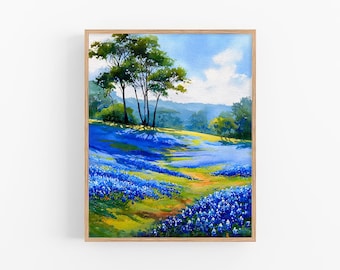 Bluebonnet Field Watercolor Landscape Painting: Spring Wildflower Art Print Texas Hill Country Wall Art by FeelingPrints
