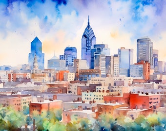 Philadelphia Skyline Watercolor Art Print Philly Cityscape Painting Pensilvanya City Art Poster by FeelingPrints